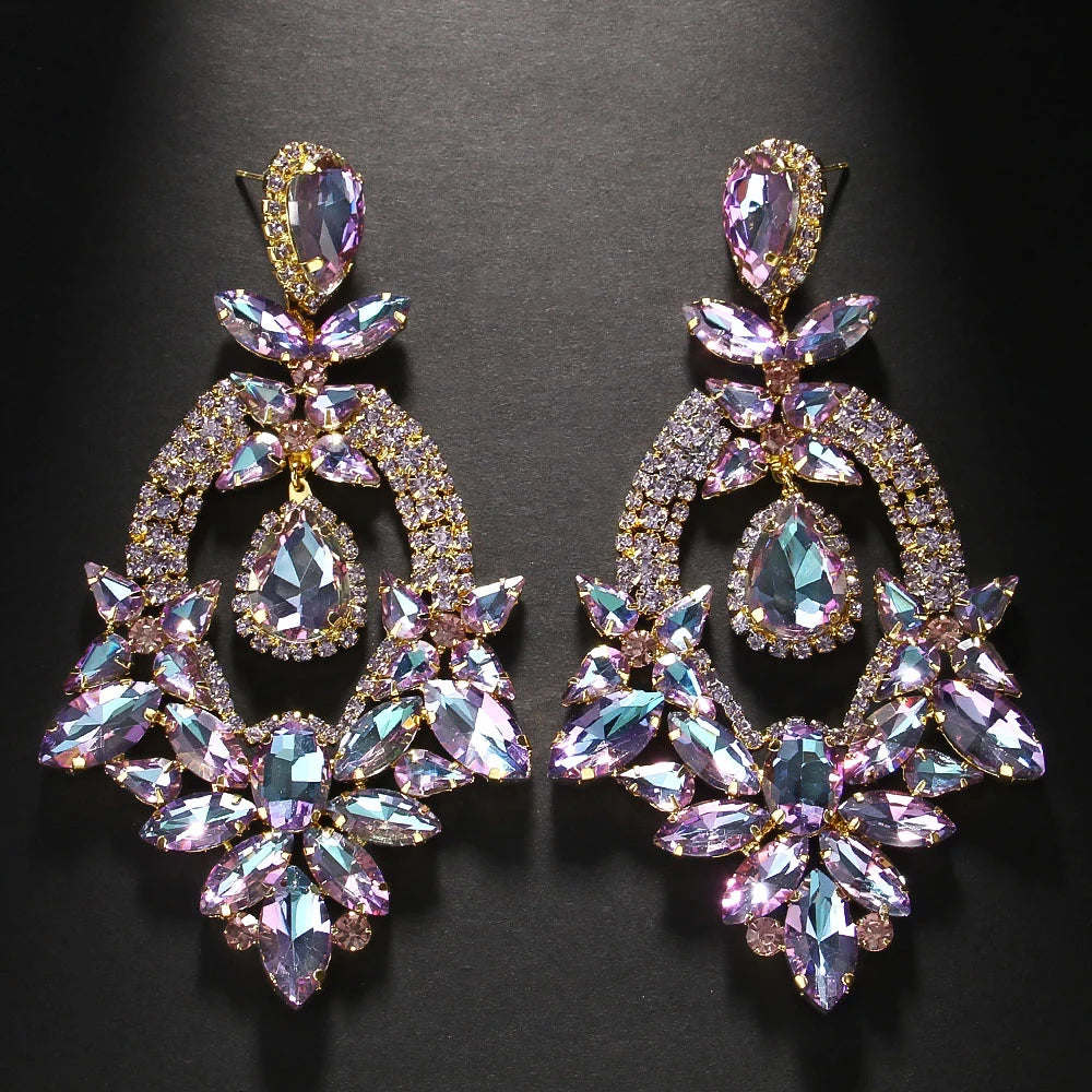 Luxury Purple Exaggerate Dangle Earrings Oversized Accessories Elegant Lady Water Drop Large Rhinestone Earrings Party Jewelry