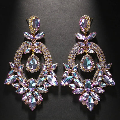 Luxury Purple Exaggerate Dangle Earrings Oversized Accessories Elegant Lady Water Drop Large Rhinestone Earrings Party Jewelry