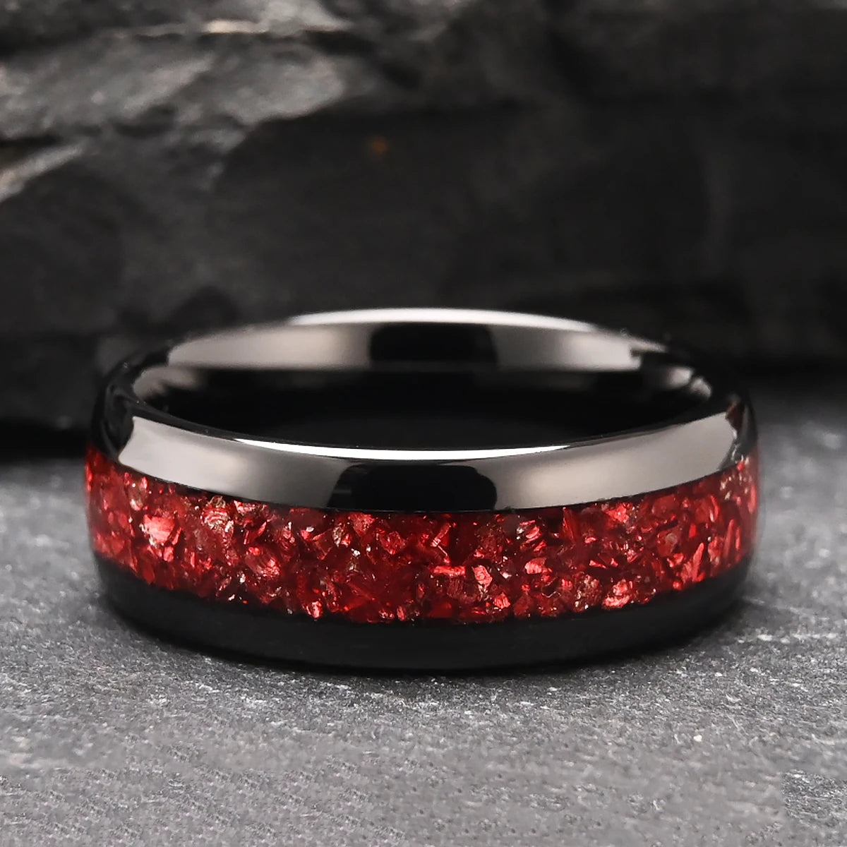 8mm black red crystal tungsten ring, couple wedding ring, exquisite gift for him, comfortable and fit