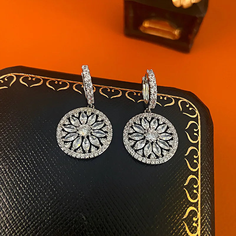 Luxury Round Pendant Flower Hoop Earrings For Women Gold Silver Color Zircon Ear Buckle Bridal Wedding Party Versatile Jewelry
