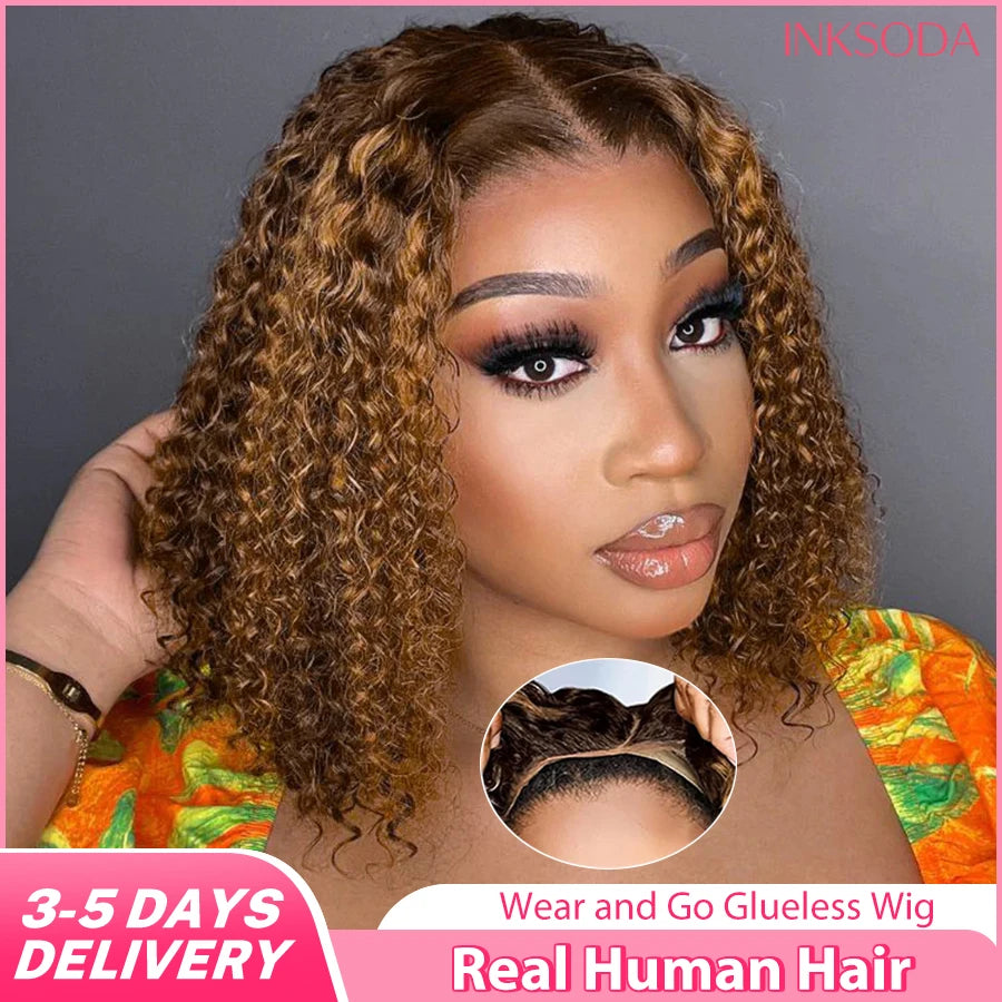Deep Wave Honey Blonde Glueless Bob Wigs Human Hair