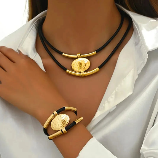 Vintage Oval Metal Faux Leather Necklace Bracelet For Women