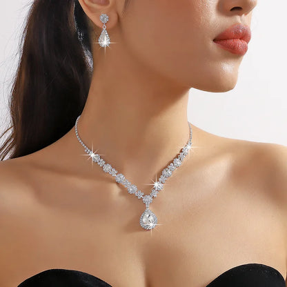 Women's crystal droplet necklace with earrings set for wedding