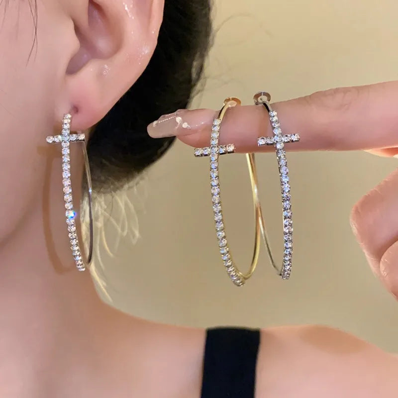 Shiny Big Circel Cross Hoop Earrings for Women Exquisite