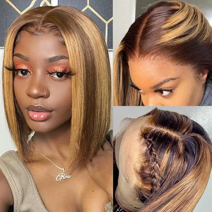 Short Bob Wig Highlight Color Human Hair Straight 13x4 Lace