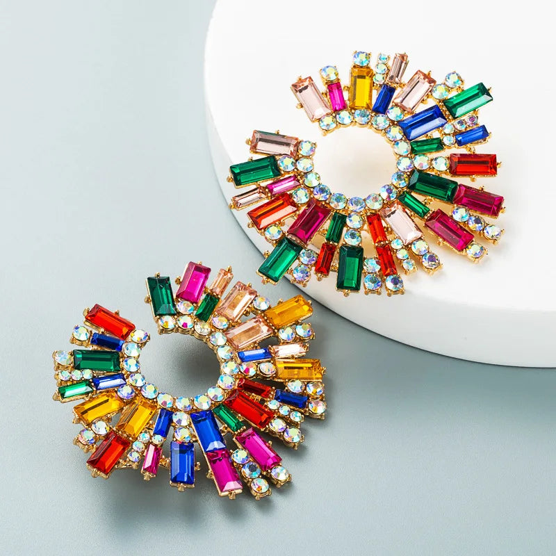 Luxury Exaggerated Crystal Earrings for Women Large Circle Flower Shiny Rhinestone Stud Earring Trendy Fashion Jewelry