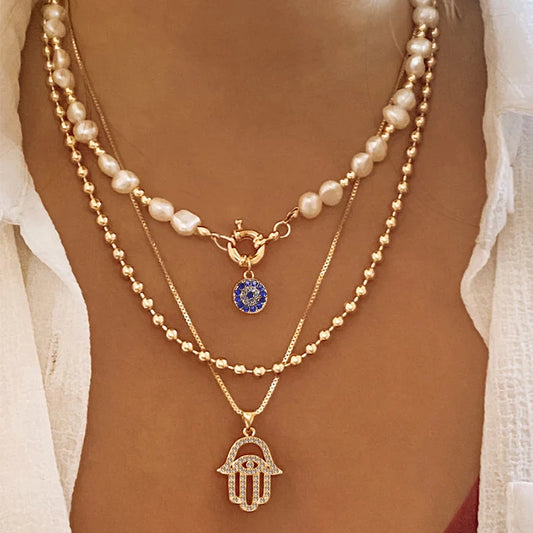 Turkish Evil Eye Palm Hamsa Hand Pendant Necklace For Women