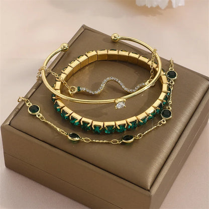 Fashion Snake Green Gemstone Bangle Rhinestone Full Metal Bracelet